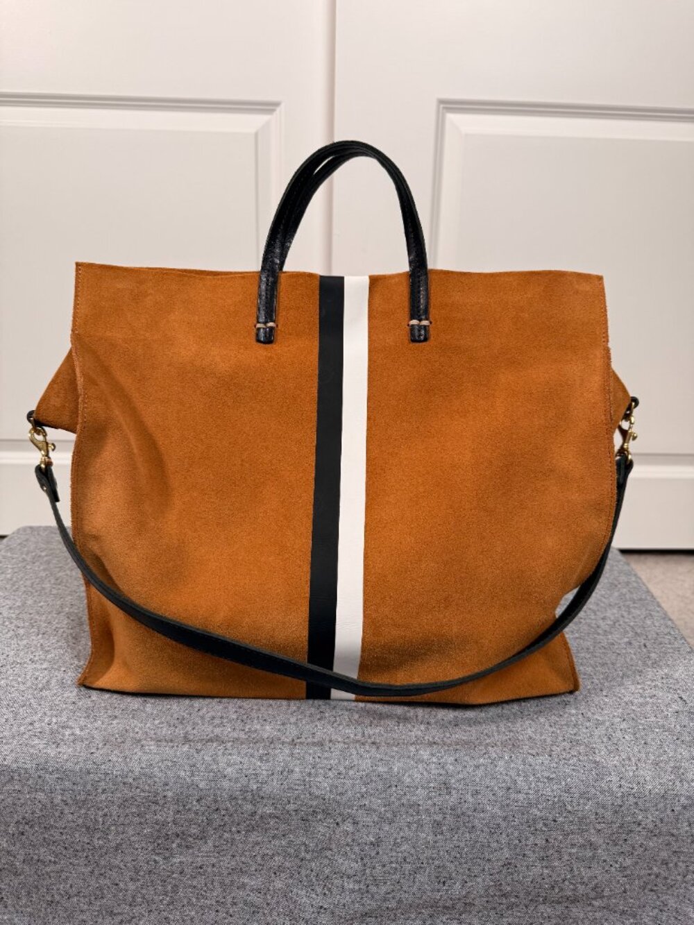 NWOT CLARE V Simple Tote in New Camel Suede with Black/White Stripes - Picture 3 of 9